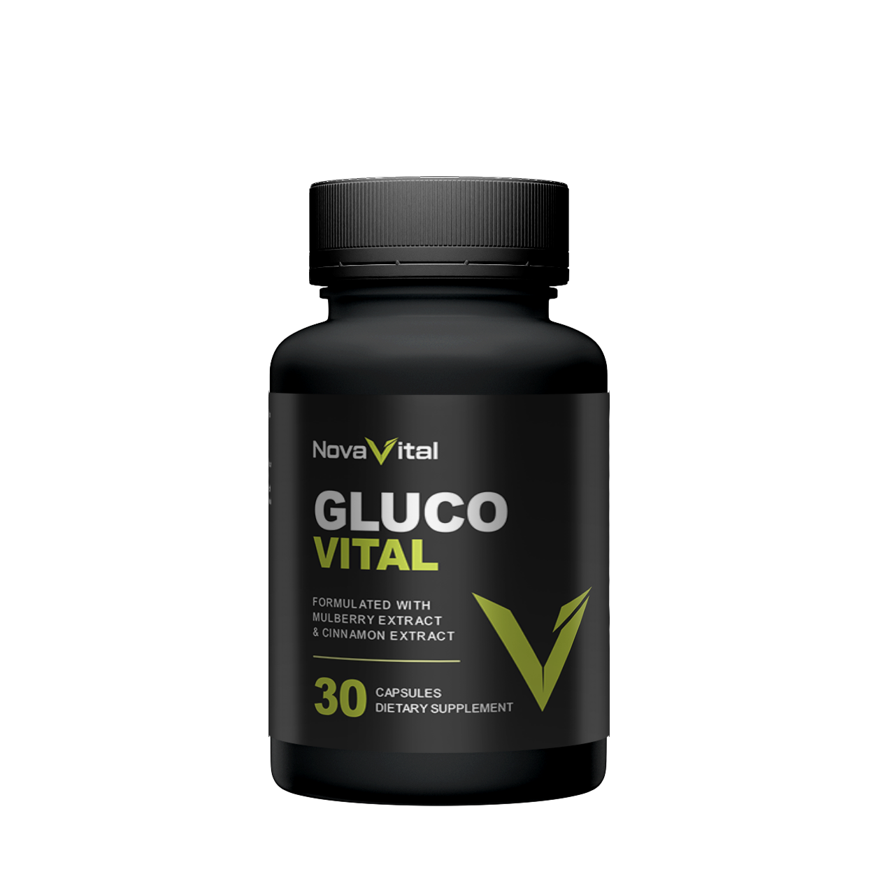 NovaVital Gluco Vital supplement bottle — 30 capsules with mulberry and cinnamon extract